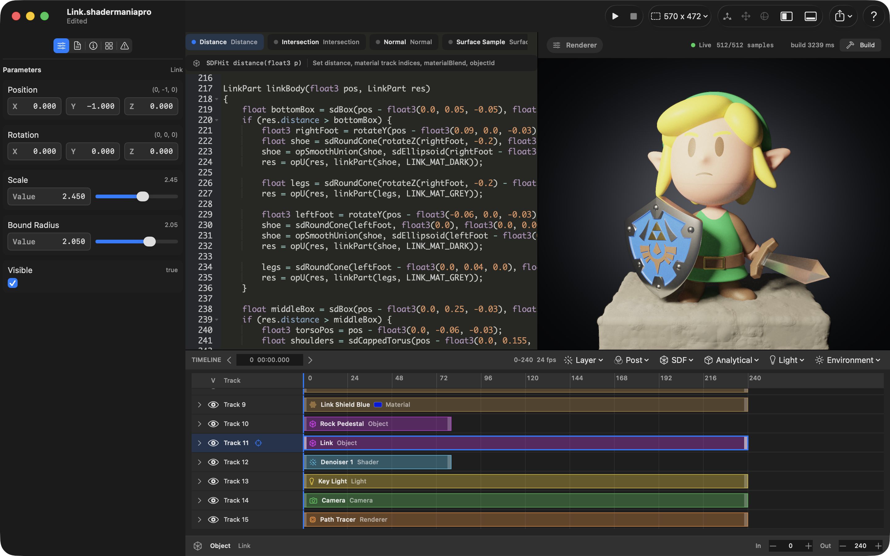 ShaderMania Pro timeline, editor, and path traced preview